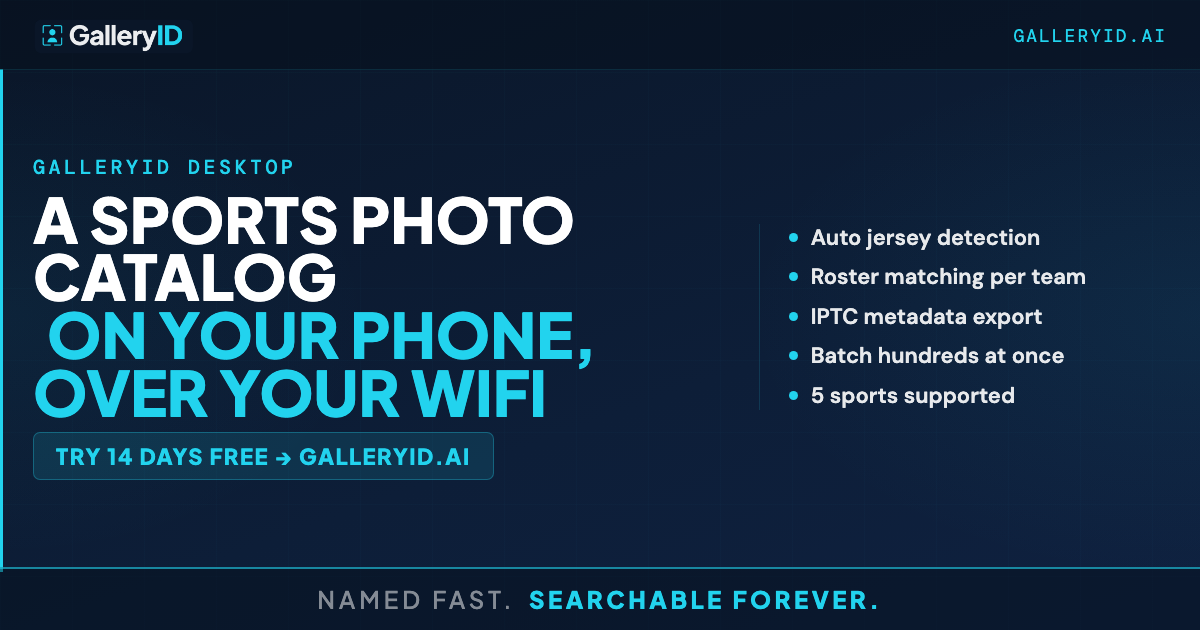 Sports photographer browsing a sports photo catalog of athlete thumbnails on a phone beside a stadium field