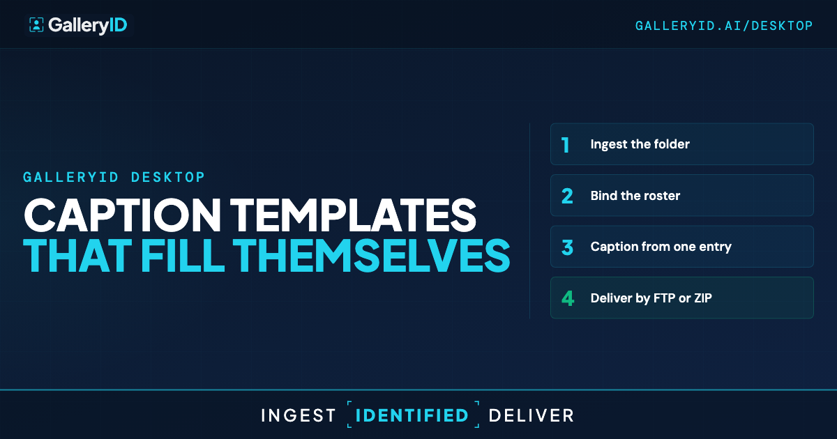 GalleryID Desktop caption template workflow: ingest, bind the roster, caption from one entry, deliver