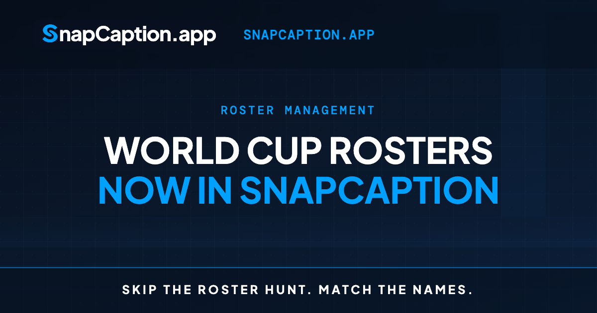 Photographer building World Cup rosters into a SnapCaption roster file in a stadium press box