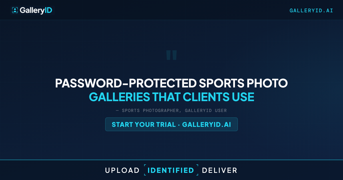 Sports photographer reviewing a branded password-protected gallery with tagged athlete photos on a laptop after a game.