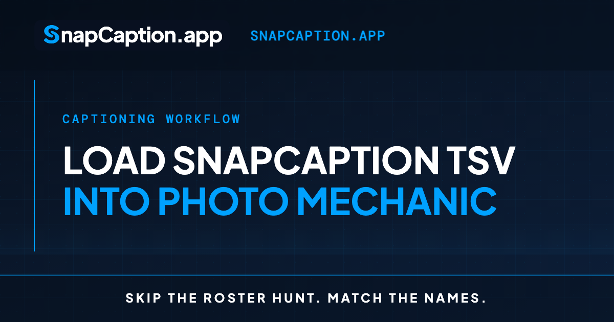 Sports photographer loading SnapCaption TSV file into Photo Mechanic code replacement panel for fast sports photo captioning